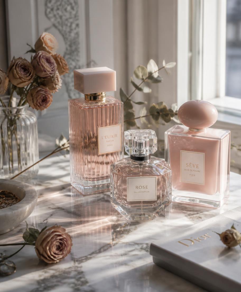 Composizione di flaconi floreali su marmo con rose essiccate